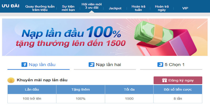 Ưu đãi nạp 100% cho lần đầu nạp cực đã